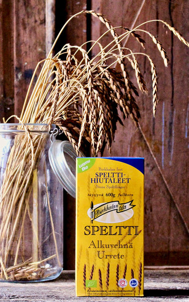 Birkkalan luomu isot speltti hiutaleet 600g pakkaus etupuoli.