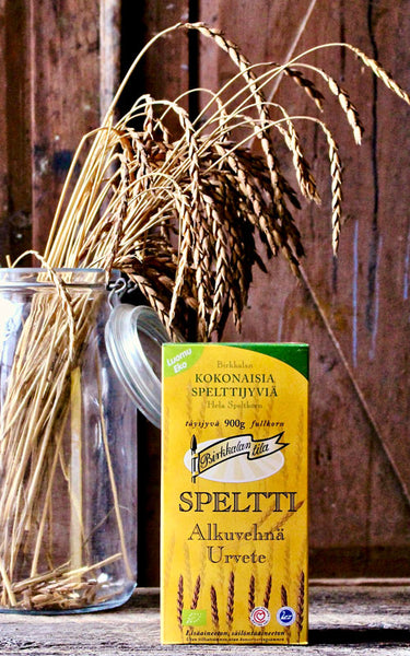 Birkkalan luomu speltti jyvä 900g pakkaus etupuoli.