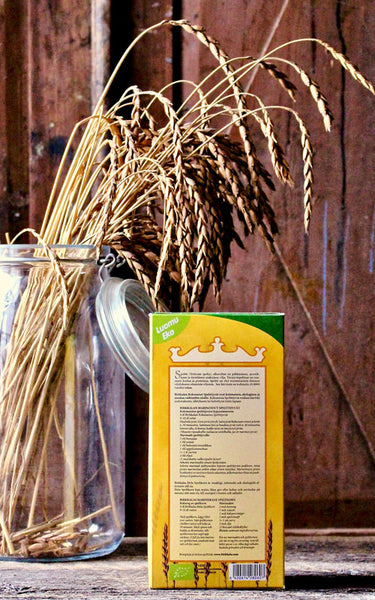 Birkkalan luomu speltti jyvä 900g pakkaus takaosa.