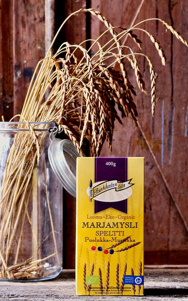 Birkkalan luomu speltti marja mysli 400g pakkaus etupuoli.
